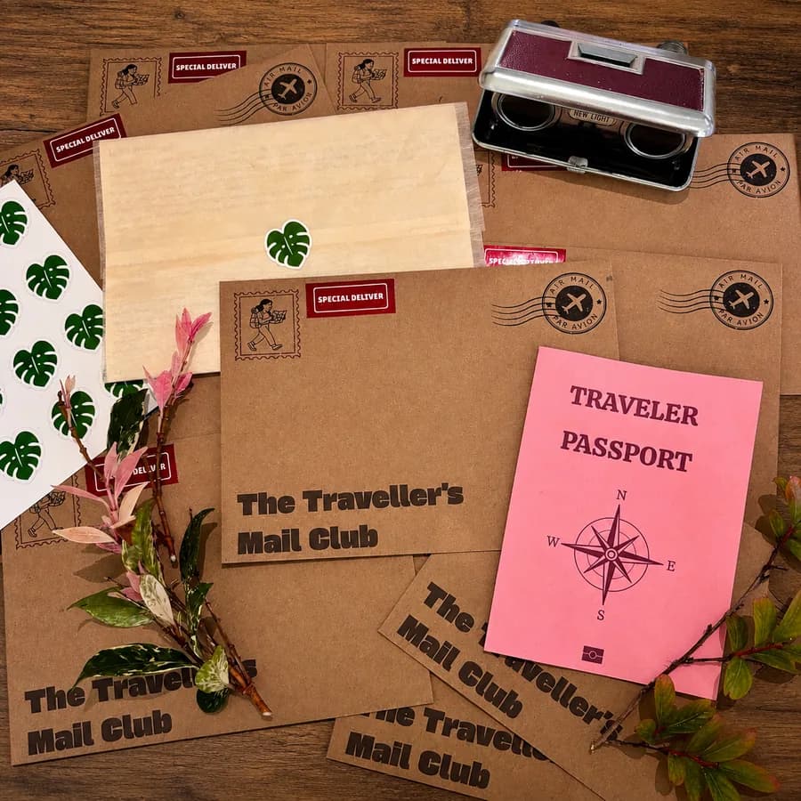 Mail Club envelopes, traveler passport and stickers laid out