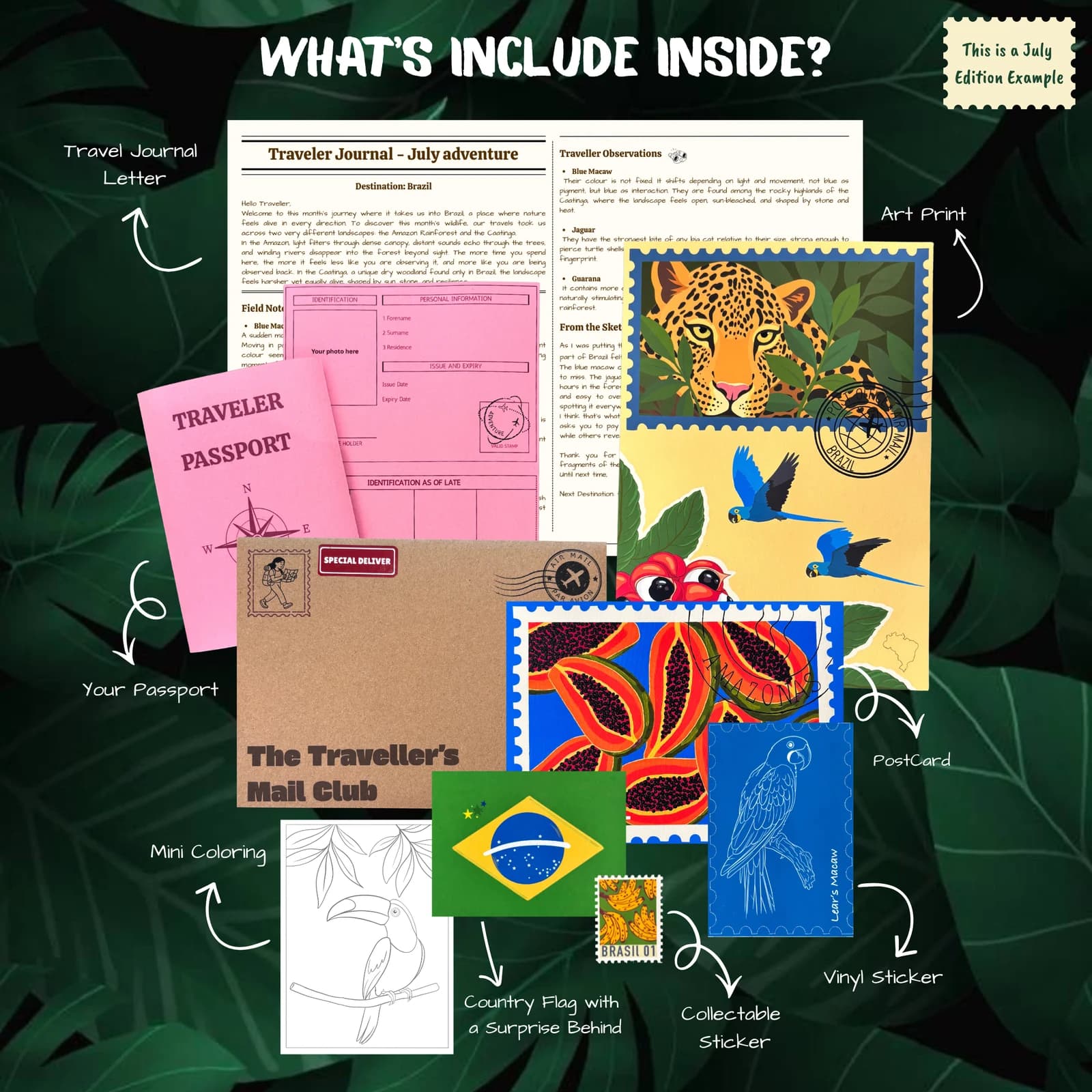 Everything inside a July Mail Club envelope: travel journal letter, art print, postcard, traveler passport, mini colouring page, country flag and collectable stickers